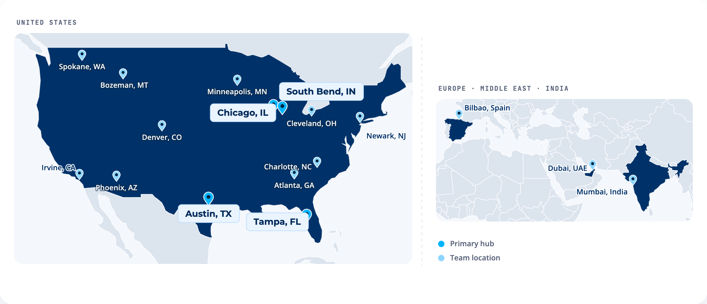 Map of Fortellar locations across the United States plus Bilbao, Spain; Dubai, UAE; and Mumbai, India