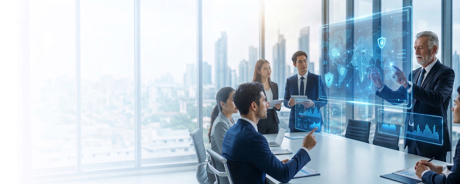Executive team reviewing a security dashboard in a boardroom