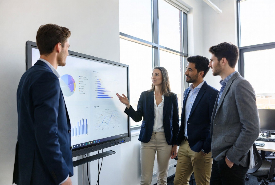 A team discussing a presentation around a whiteboard in a bright office