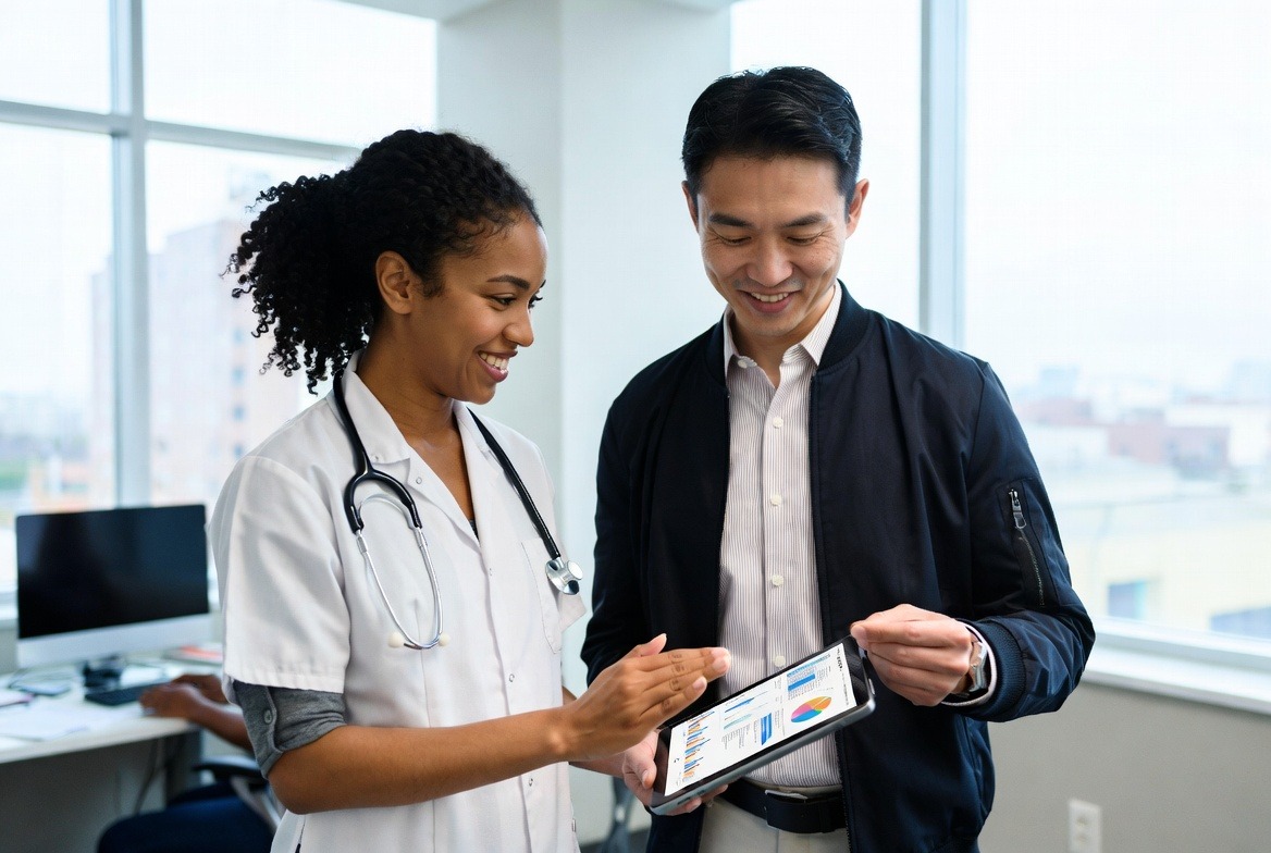 A doctor and a colleague reviewing information on a tablet