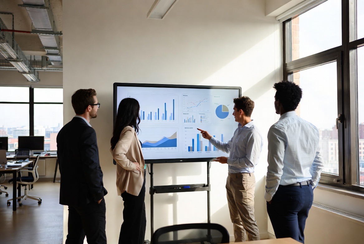 Colleagues reviewing analytics on a large screen in a meeting room