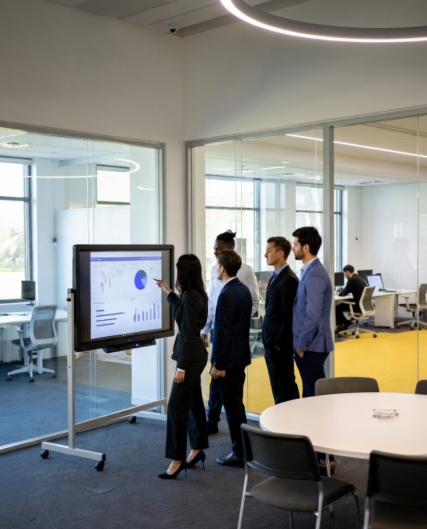 A team reviewing analytics on a large screen in a meeting room