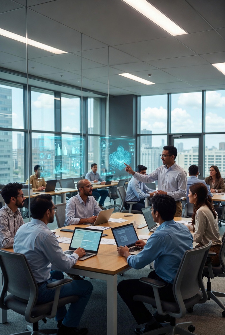 A team collaborating around a table in an office