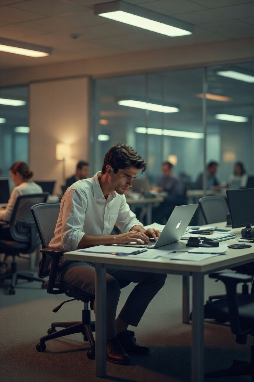 A professional working on a laptop in an open office