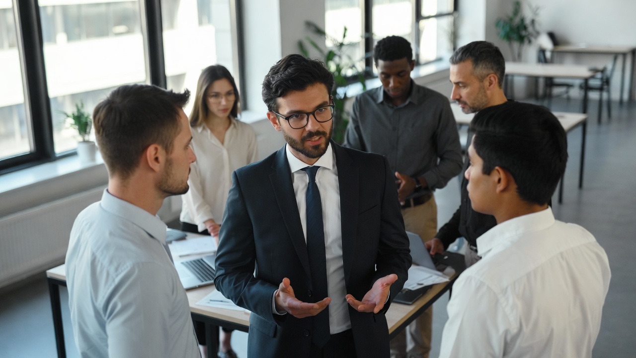 A team meeting around a table in an office