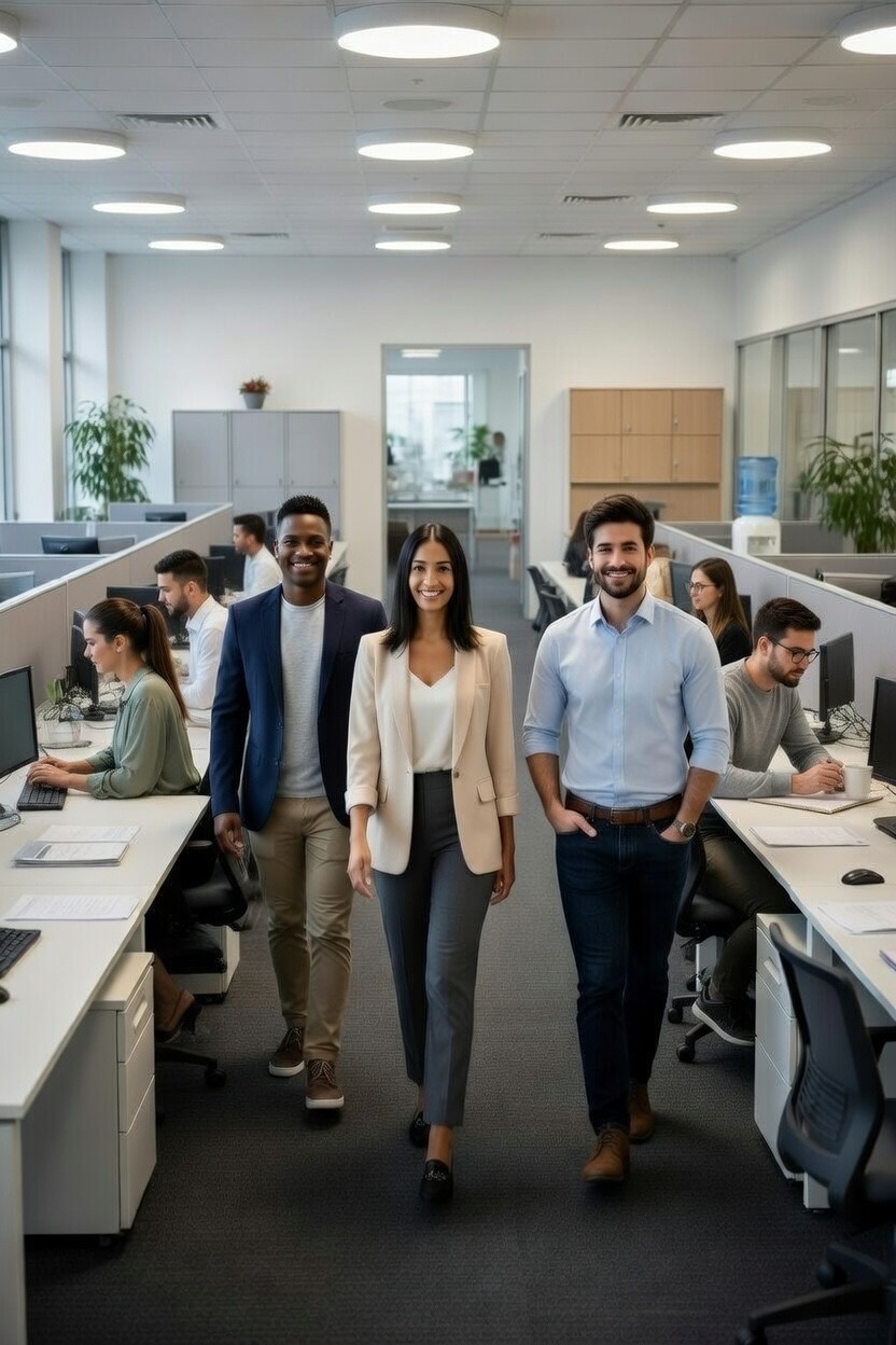 A diverse team smiling together in a bright office