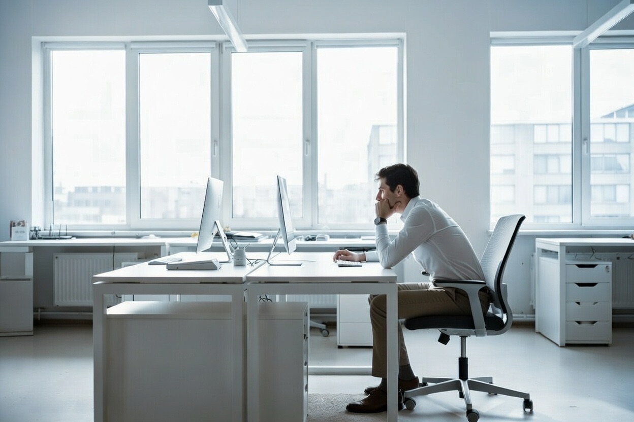 A professional working at a desk beside a window