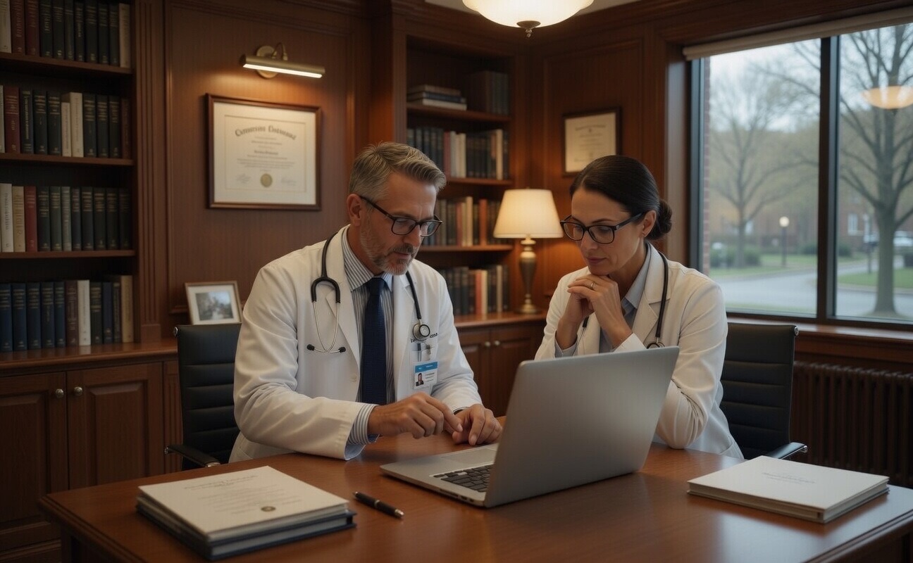 A clinician and a colleague reviewing information on a laptop