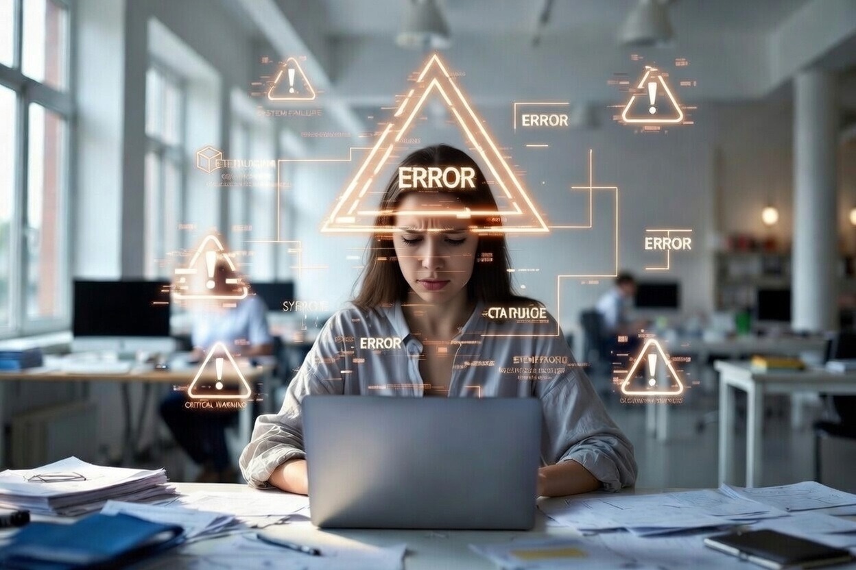Warning error symbols overlaid on a person working at a laptop