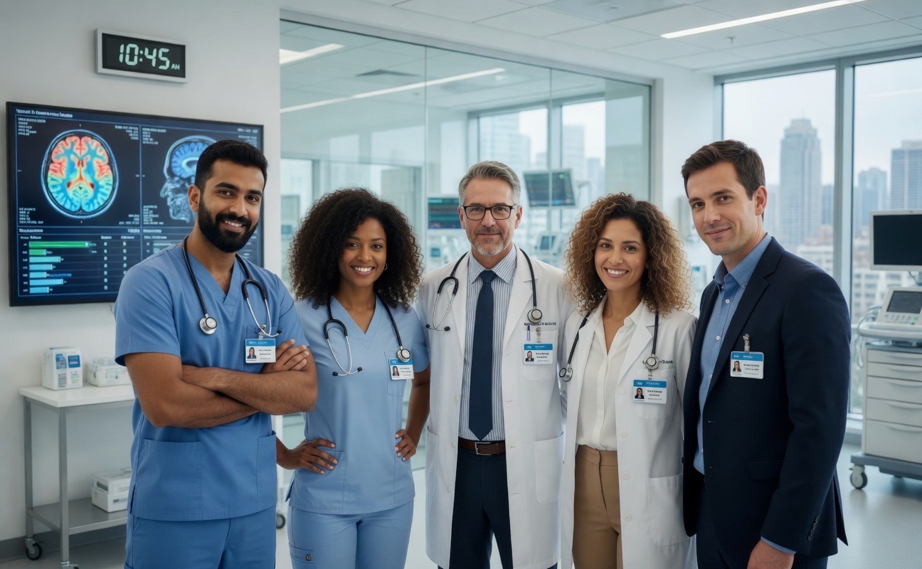 A healthcare team standing together in a clinical setting