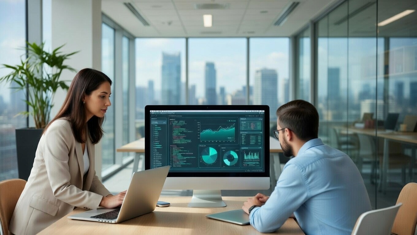 A security analyst monitoring dashboards at a multi-screen workstation