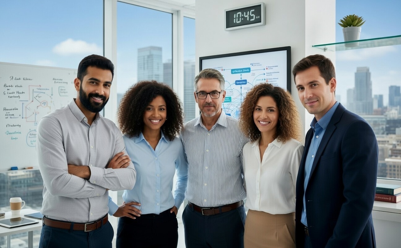 The Fortellar team standing together in an office