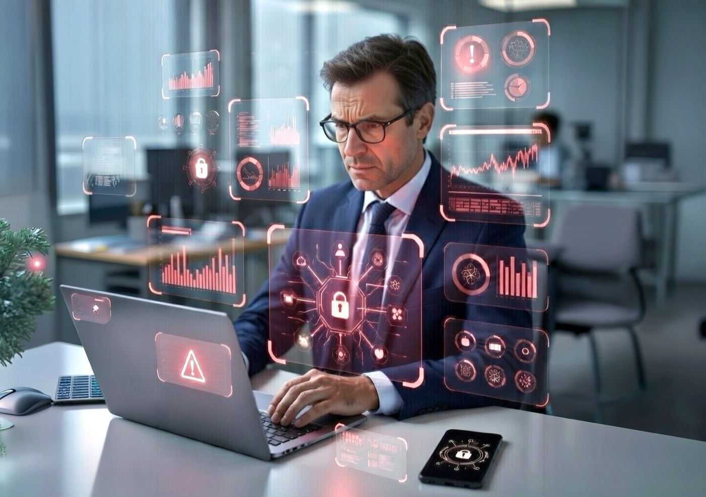 A security analyst monitoring alert screens at a workstation