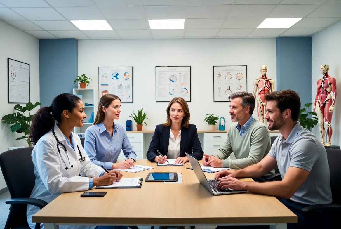 A team collaborating with laptops around a conference table