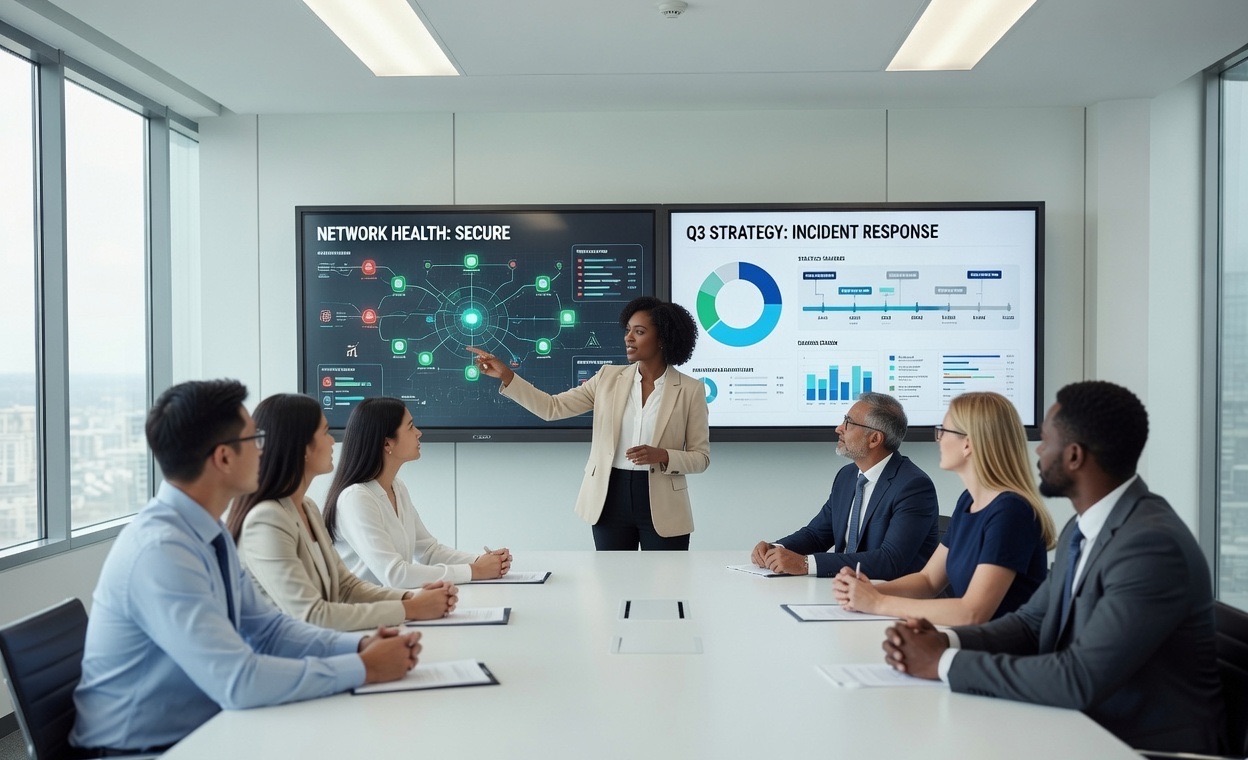 NIST CSF-aligned dashboard view spanning network health, incident response, and Governance, Risk, and Compliance metrics