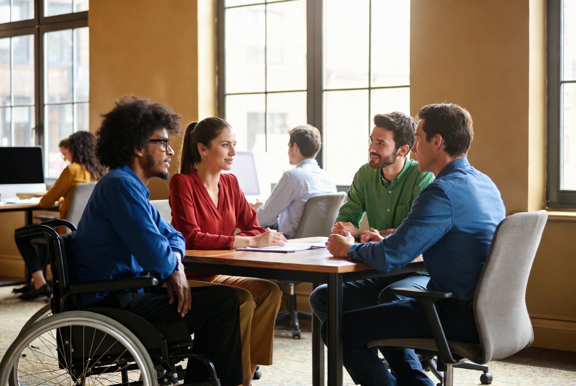 A diverse team collaborating in a bright meeting room