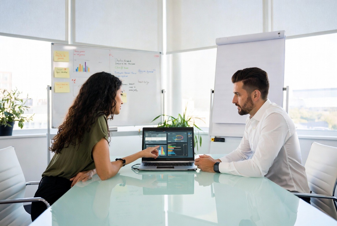 Two professionals working together at a desk with a laptop