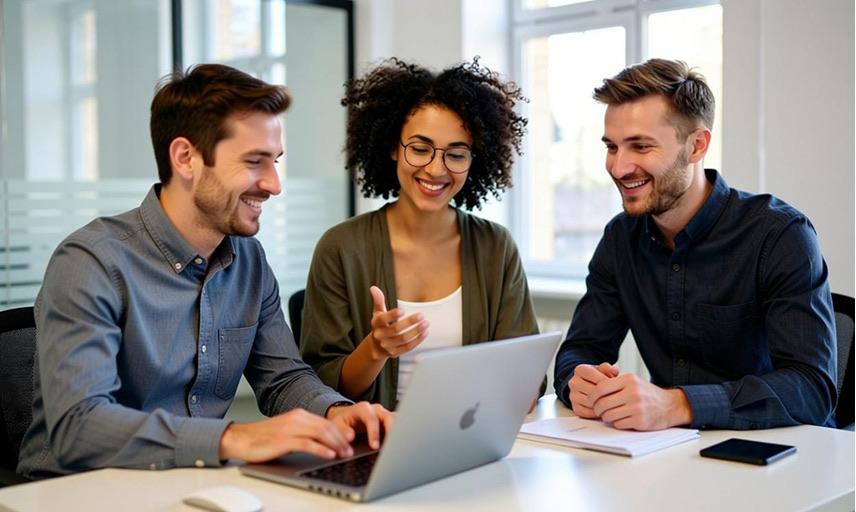 Three colleagues collaborating around a laptop