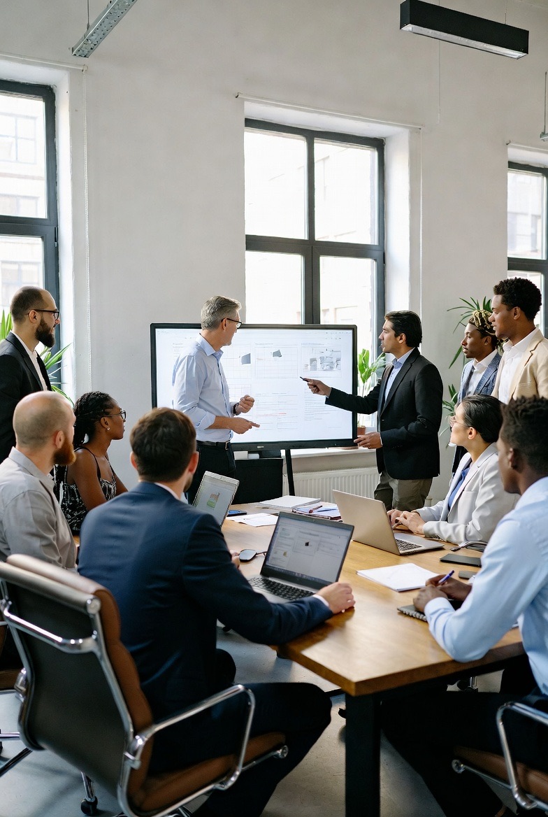 A leader presenting to a team in a conference room