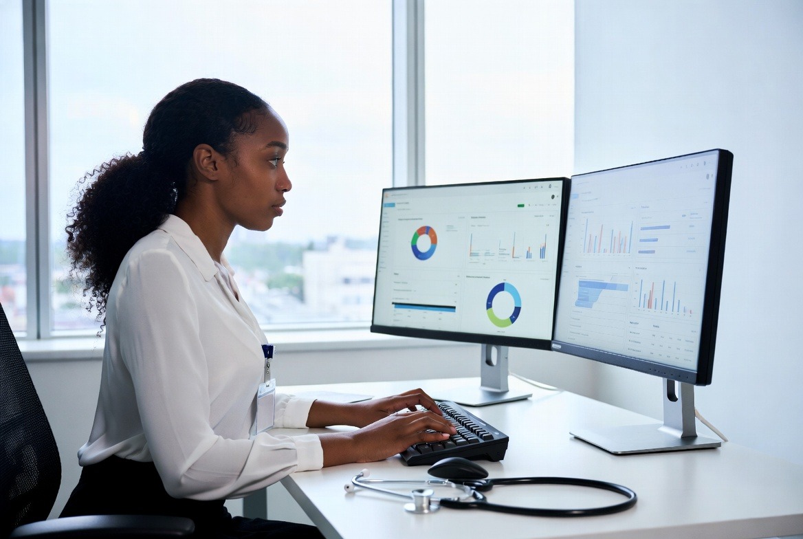A security analyst monitoring systems at a multi-monitor workstation