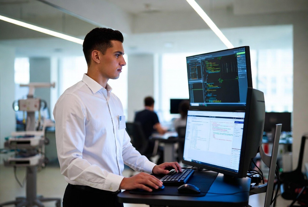 IT security engineer monitoring patch deployment across a hospital network